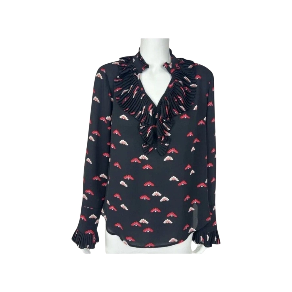 Ann Taylor Black & Red Fan Floral Ruffle Tunic Blouse Top Size S